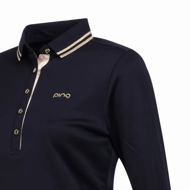 【PING】女款條紋領素面吸濕排汗薄長袖POLO衫-黑(GOLF/高爾夫球衫/RA23290-88)