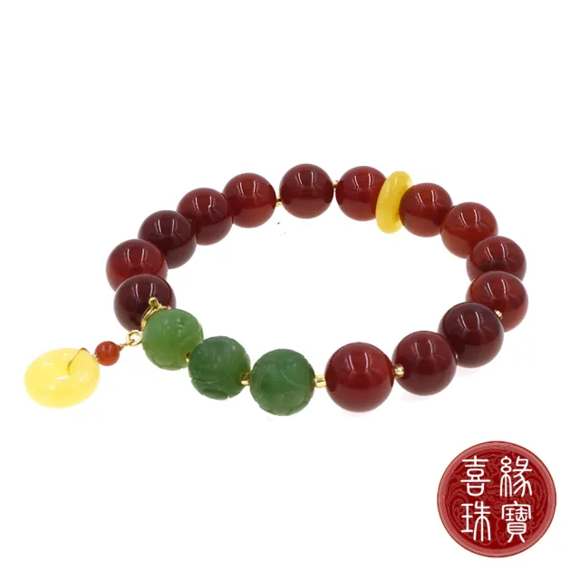 【喜緣玉品】天然南紅瑪瑙 迴文和田玉 手珠(蜜蠟)