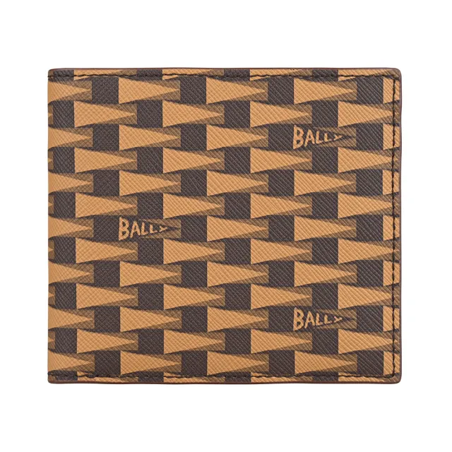 【BALLY】BALLY內裡燙金LOGO滿版三角旗印花設計TPU 8卡對折短夾(深褐x淺棕)