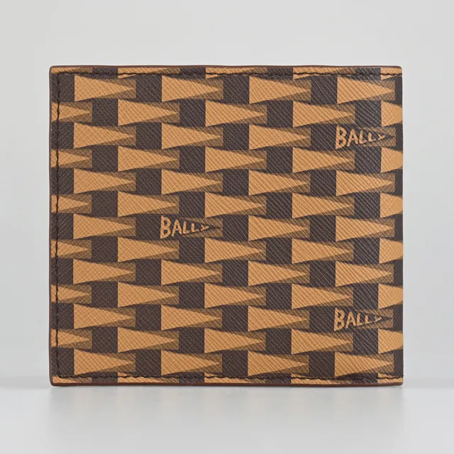 【BALLY】BALLY內裡燙金LOGO滿版三角旗印花設計TPU 8卡對折短夾(深褐x淺棕)