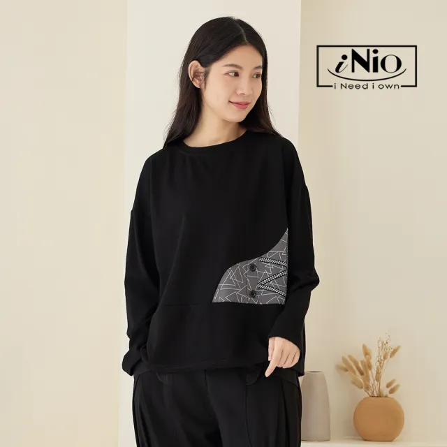【iNio 衣著美學】長袖上衣 冬新品 現貨 幾何拼接 圓領 長袖棉T CDW1713