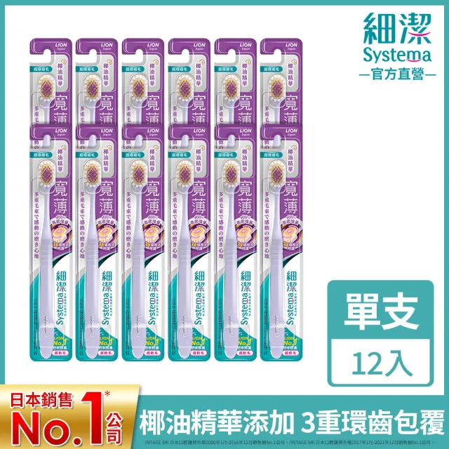 【LION 獅王】細潔寬薄牙刷12入(椰萃護齦/炭能抗菌/茶究柔護)