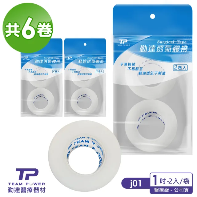 【TEAMPOWER 勤達】共6卷-白色透氣紙膠1吋、半吋任選-2卷/袋j01、j02(傷口紗布固定膠帶、醫用)