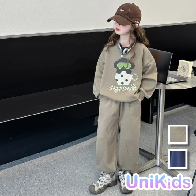 UniKids 現貨 中大童裝2件套裝茶杯熊熊長袖大學T休閒長褲 女大童裝 VPTYBF210(綠)