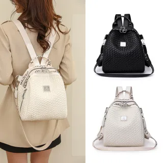 【Starshop】女士皮革編織紋雙肩後背包 旅行雙肩包 單肩包 媽媽包 女包(後背/單肩/手提)