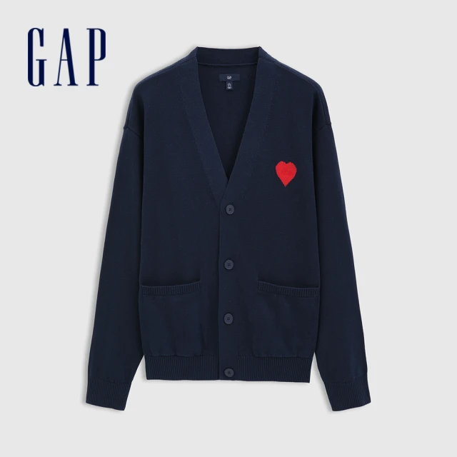 GAP 男裝 Logo純棉刺繡V領針織外套-海軍藍(723158)