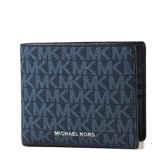 Michael Kors 男款 緹花LOGO防刮八卡短夾/附證件夾-藍色