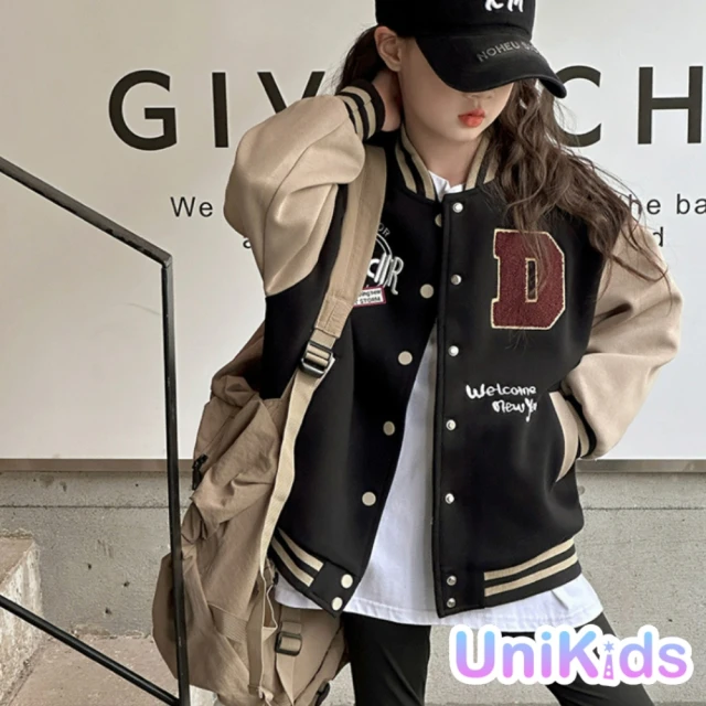 UniKids 現貨 中大童裝加厚夾棉長袖外套 美式棒球服夾克 女大童裝 CV24097(黑加厚)