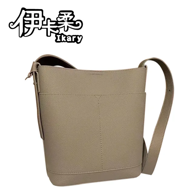 【Ikary 伊卡柔】雙11 真牛皮復古皮革大容量簡約通勤水桶包/肩背/斜背兩用包(真皮包包 773-知性)