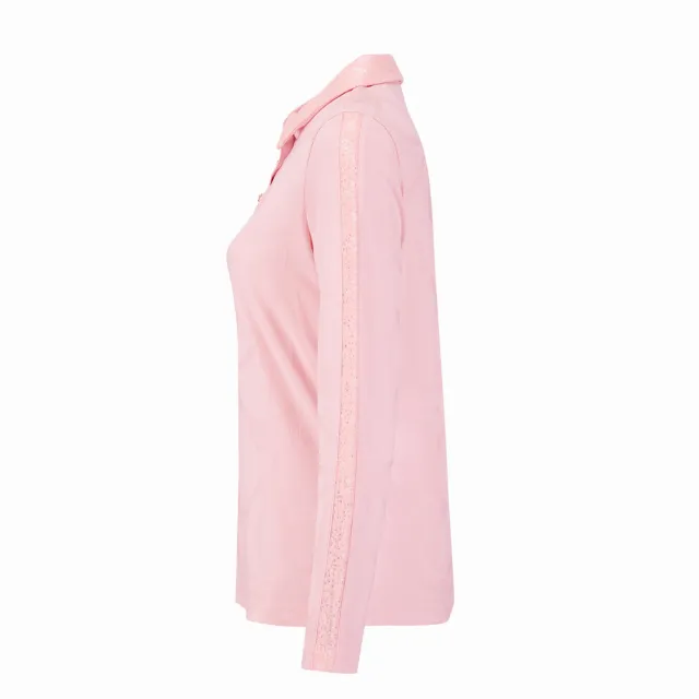 【PING】女款蕾絲剪接緹花薄長袖POLO衫-粉橘(吸濕排汗/抗UV/GOLF/高爾夫球衫/RA24207-23)