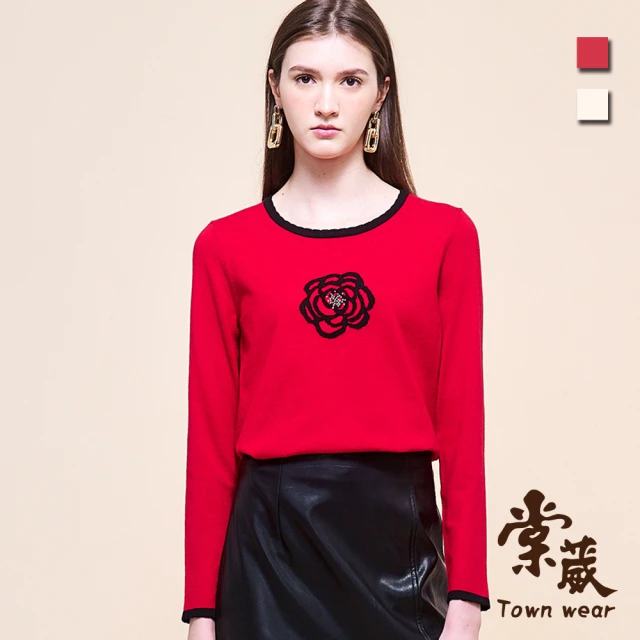 TOWN’WEAR 棠葳 高雅山茶花針織上衣 2色(中大尺碼/女上衣/女上著/撞色/拼接/印圖/鑽飾/休閒)