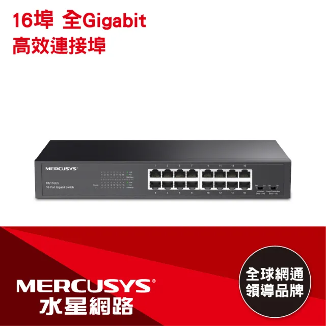 【Mercusys 水星】16埠 port Gigabit 桌面 機架式 乙太網路交換器 金屬殼 隨插即用 switch hub(MS116GS)