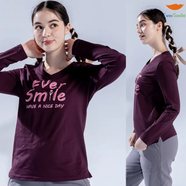 【EverSmile 幸福台灣】女V領保暖小花英文印花T(吸濕排汗、刷毛保暖、V領、彈性、精緻印花)