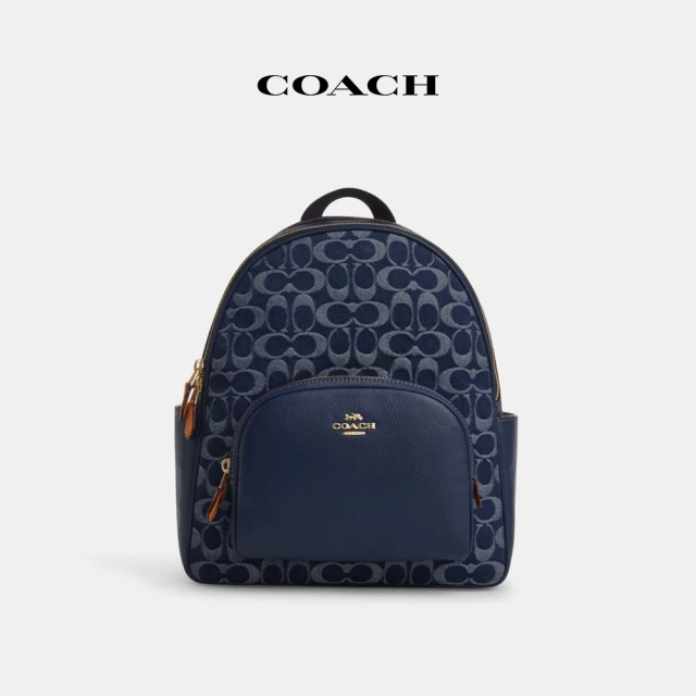 COACH 蔻馳官方直營 COURT經典Logo丹寧布後背包-IM/丹甯藍色/天然色(CZ778)