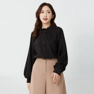 【betty’s 貝蒂思】優雅荷葉邊小立領燈籠袖襯衫(黑色)