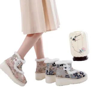 【JP Queen New York】花漾精靈刺繡民族風厚底坡跟保暖加絨短雪靴(2色可選)