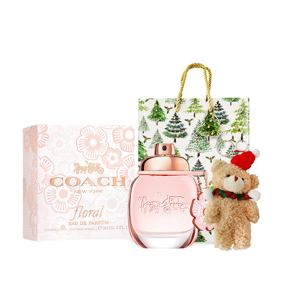 【COACH】淡香精禮讚組-香水30ml+聖誕熊(多款可選-芙洛麗/時尚/逐夢/曠野/戀紅-專櫃公司貨)