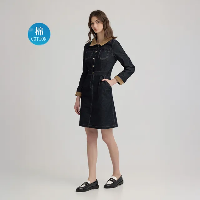 【ILEY 伊蕾】優雅拼接兔毛燈芯絨洋裝(深藍；M-XL；1244317041)