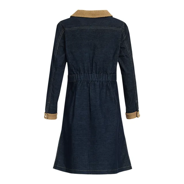 【ILEY 伊蕾】優雅拼接兔毛燈芯絨洋裝(深藍；M-XL；1244317041)