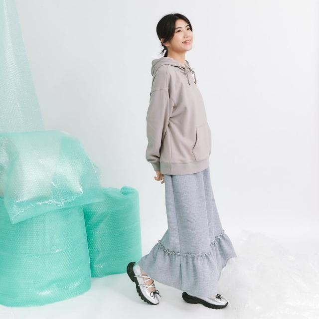 【Dailo】鬆餅格熊耳朵剪接細褶長裙(黑 卡 灰/魅力商品)