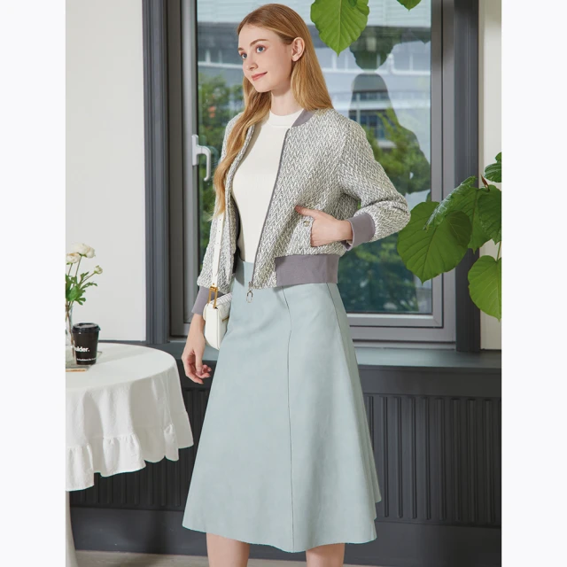 IENAIENA PU皮剪接中長裙(#4232020 中長裙、淺藍色/淺卡色)