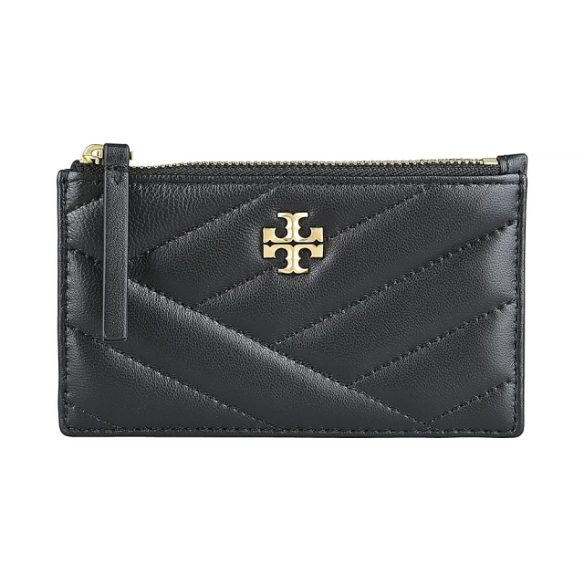 TORY BURCH TORY BURCH Kira古銅雙T字LOGO小牛皮斜紋設計4卡拉鍊零錢卡夾包(黑)