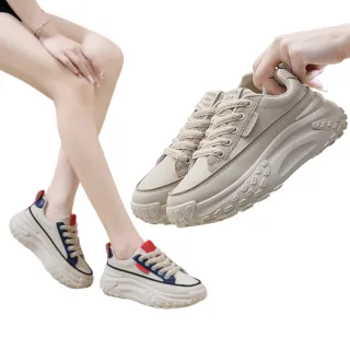 【SOFE MORE】純色卡其色防滑厚底增高休閒鞋 拼接時尚百搭增高鞋 女士舒適休閒鞋(厚底休閒鞋)