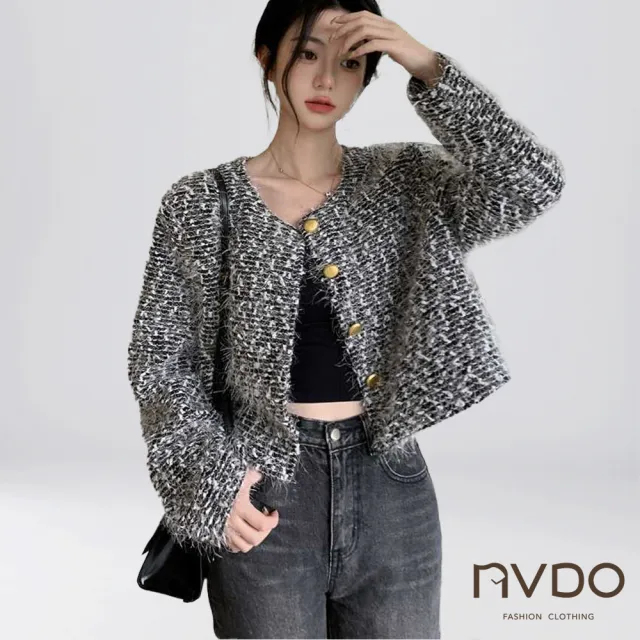 【NVDO】出清品 名媛風輕奢亮絲短版保暖外套(亮絲面料/針織外套/F066/秋冬款/售完不補)