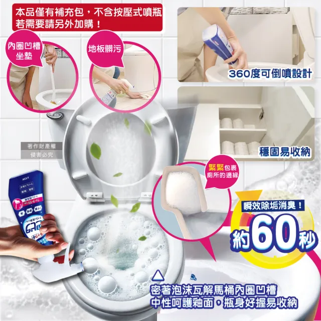 【日本LION獅王】LOOK PLUS密著泡沫約60秒除垢消臭浴廁馬桶清潔劑補充包250ml/袋(衛浴地板潔廁噴霧液劑)