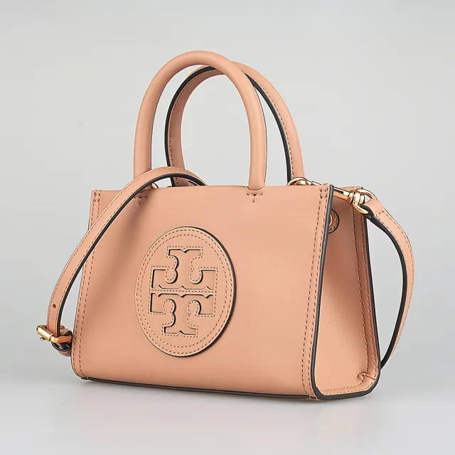 【TORY BURCH】TORY BURCH ELLA BIO簡約圓形皮標LOGO設計生物基皮革吸釦式手提斜背包(迷你/沙橘)