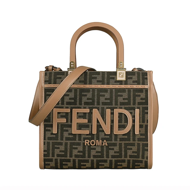 FENDI 芬迪 FENDI Sunshine簍空皮標LOGO縫線設計滿版緹花布拼牛皮手提斜背包(小/咖啡x棕)