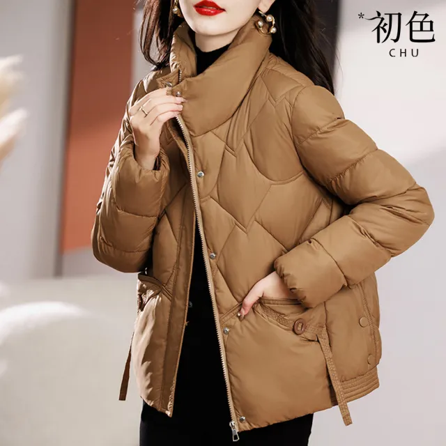 【初色】簡約純色短款立領寬鬆修身保暖加厚科技保暖纖維棉外套女外套-共4色-39128(M-2XL可選)