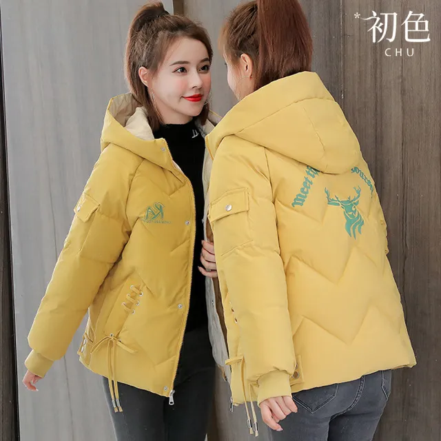 【初色】韓版純色休閒印花寬鬆加厚禦寒連帽長袖防風外套女外套-共4色-39173(M-3XL可選)(其他規格)