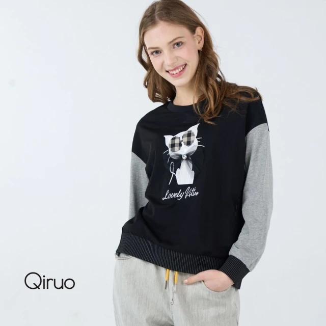 Qiruo 奇若名品Qiruo 奇若名品 秋冬專櫃黑灰色上衣3231A 可愛貓咪款(M-2XL)