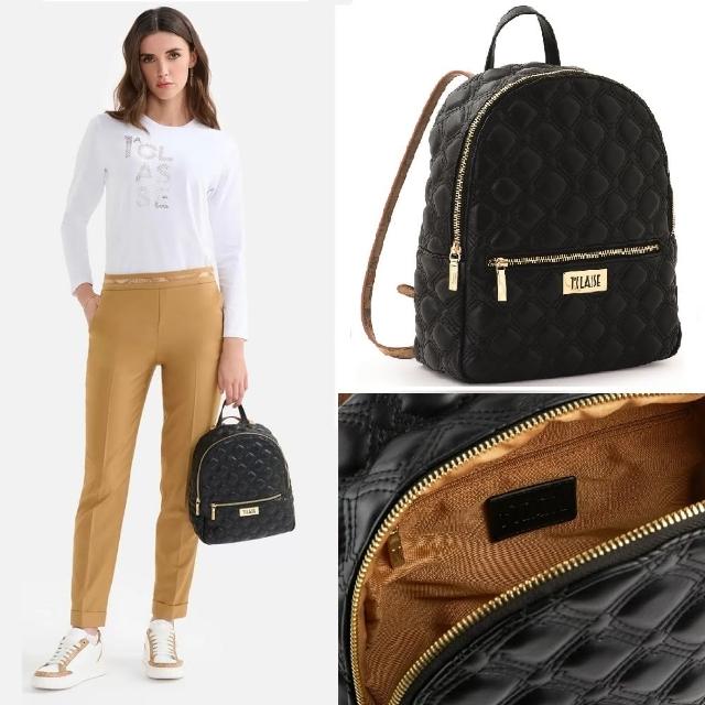 【Alviero Martini】義大利地圖包 輕奢菱格紋 前口袋拉鍊後背包(黑色)