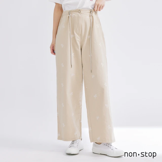 non-stop 蝴蝶結刺繡抽繩寬褲-1色 推薦