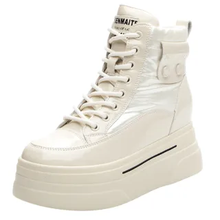 【JP Queen New York】潮流帶真皮雨傘布拼接小尺碼內增高靴子(2色可選)