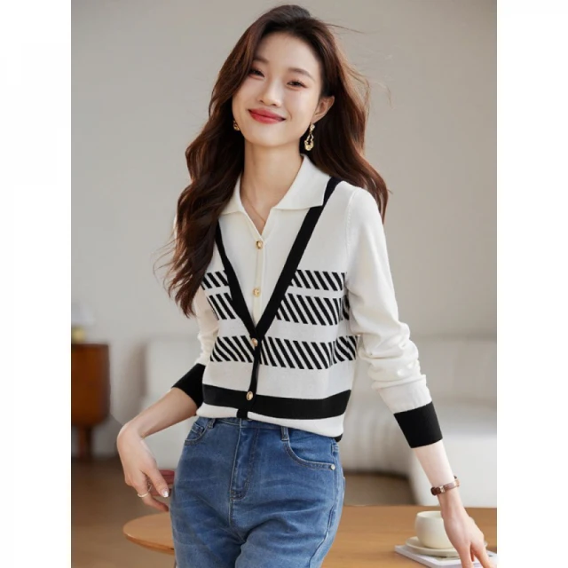 Very Buy 非常勸敗Very Buy 非常勸敗 預購/法式學院風假兩件針織衫女年秋裝條紋時尚翻領上衣