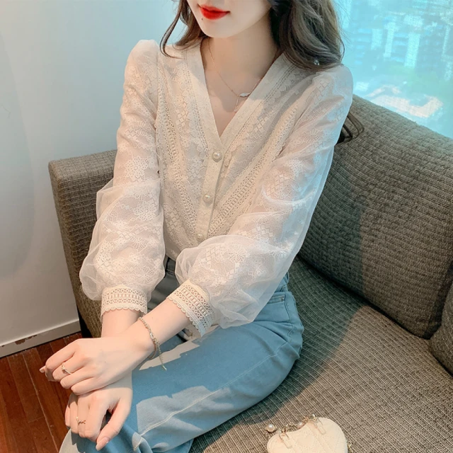 Very Buy 非常勸敗Very Buy 非常勸敗 預購/法式v領長袖襯衫女秋季年歐美蕾絲內搭上衣超仙上衣