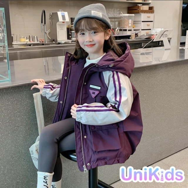 UniKids 現貨 中大童裝連帽長袖外套 夾棉加厚衝鋒衣派克服夾克 女大童裝 CV9901(紫)