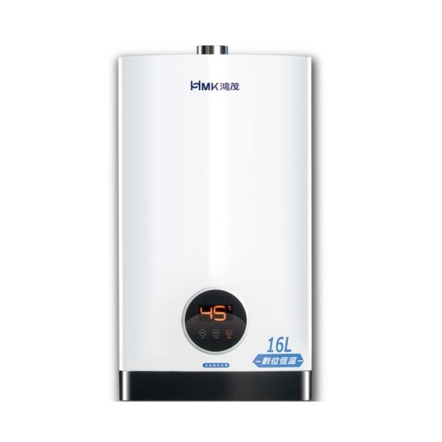 HMK鴻茂 H-1601-NG1 瓦斯熱水器，採用FE強制排氣式設計，機械控溫精準調節水溫，電子式連續點火安全可靠。尺寸W365*H590*D176mm，能源效率第二級，DC1.5V電池供電，BSMI許可R63112，1年保固。適閤家庭使用，提供穩定熱水供應，提升生活舒適度。