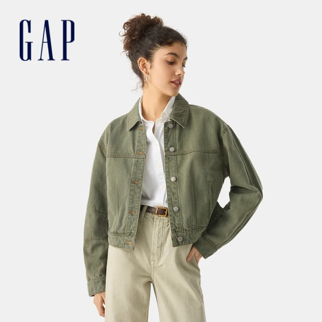 GAP 女裝 翻領牛仔外套-軍綠色(727225)