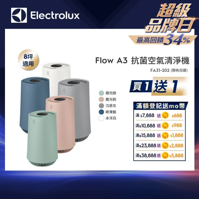 買一送一 Electrolux 伊萊克斯 Flow A3 Air 抗菌空氣清淨機-五色任選(8坪適用FA31-202)