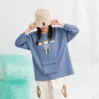 【Dailo】麋鹿印花蝴蝶結綁帶寬鬆棉長袖上衣(藍 黑 淺桔)