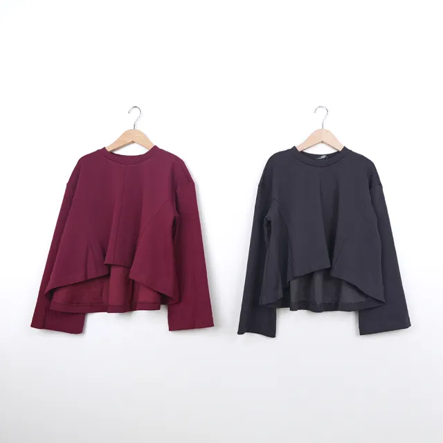 【MASTINA】圓領大荷葉短版衛衣長袖上衣(紅 灰)