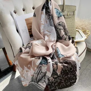 【I.Dear】100%蠶絲歐美圖騰印花緞面長絲巾披肩(15色)