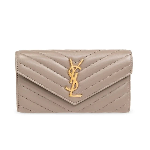 YSL SAINT LAURENT Cassandre 小羊皮 信封式 扣式 皮夾 卡夾 長夾 金色 灰棕色 372264