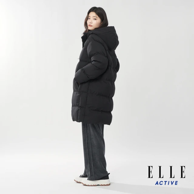 ELLE ACTIVE 女款 禦寒保暖韓風長版連帽鋪棉外套-黑色(EA24A2W6801#99)