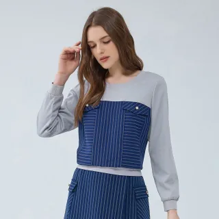 【ILEY 伊蕾】運動風拼接西裝條紋上衣(深藍色；M-2L；1233011021)