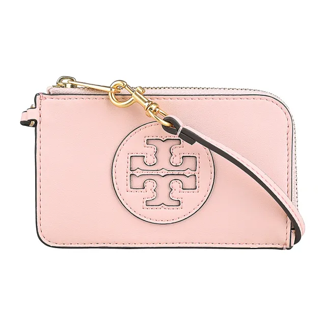 【TORY BURCH】TORY BURCH Ella Bio圓形皮標LOGO牛皮4卡拉鍊腕帶卡夾零錢包(腮粉紅)